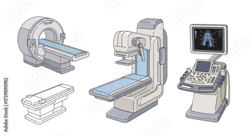 Medical imaging equipment set including CT scanner and ultrasound machine.