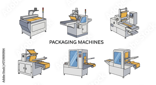 Set of industrial packaging machines vector illustration.