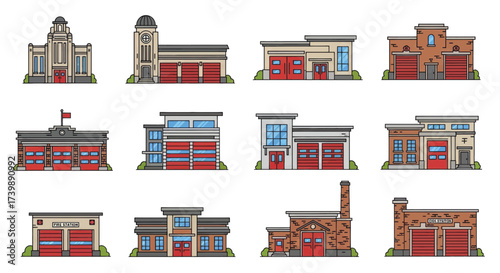 Collection of Fire Station Building Illustrations in Various Styles.