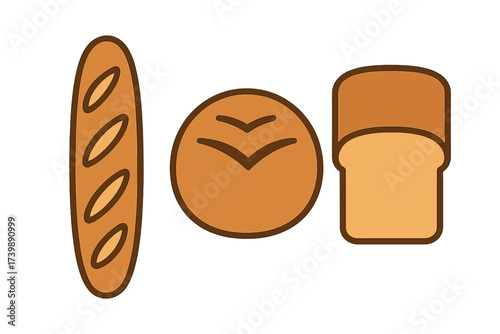 Variety of common baked goods including baguette, round loaf, and square sliced bread