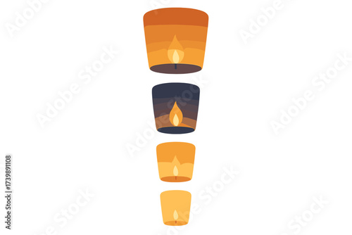 Set of four traditional Chinese sky lanterns floating with warm glowing flames at night
