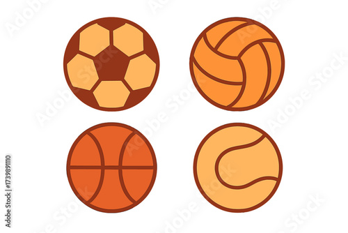 Collection of athletic sports balls: soccer, basketball, volleyball, and tennis