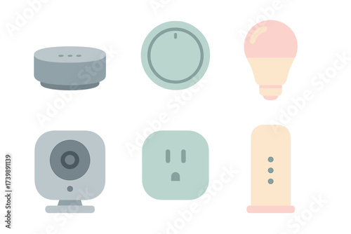 Collection of smart home technology devices including speaker, light bulb, camera, and router