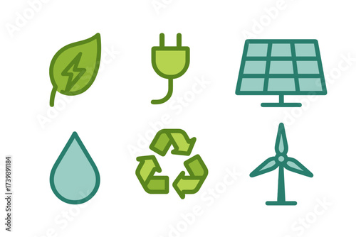 Essential icons depicting renewable energy sources and environmental sustainability concepts