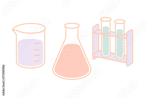 Essential laboratory glassware set with beaker, conical flask, and test tubes in a rack for chemistry experiments