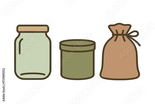 Minimalist collection of storage containers including glass jar, metal tin, and fabric sack