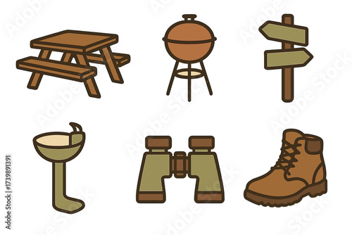 Outdoor recreation and camping equipment symbols including picnic table, grill, binoculars, and boot