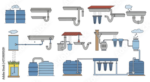 Set of Rainwater Harvesting System Elements and Diagrams.