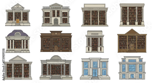 Set of twelve architectural illustrations of library buildings with classical facades and visible bookshelves.
