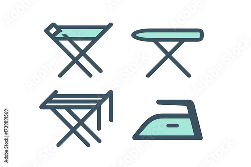 Set of household laundry care equipment icons including ironing board and clothes dryer