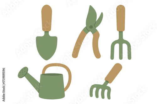 Set of basic garden equipment featuring a watering can, hand tools, pruning shears, and trowel