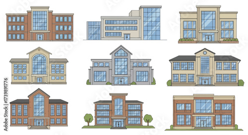 Set of various school university and college building facades.