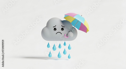 A 3D render of a stylized, cartoonish rain cloud with a sad expression, holding a miniature, brightly colored umbrella.