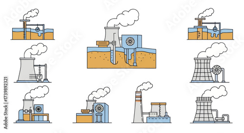 Geothermal Power Plant and Industrial Factory Building Icon Set.