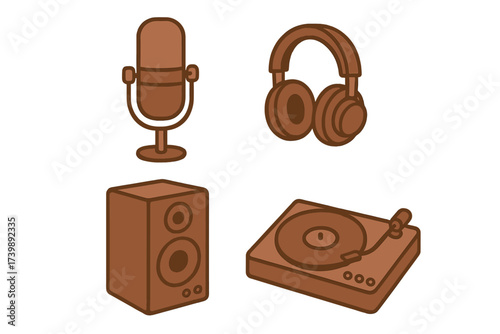 Stylized audio equipment set with microphone, headphones, speaker, and turntable icons