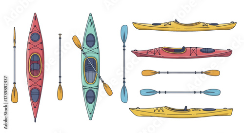 Set of colorful kayaks and paddles vector illustration isolated on white background.