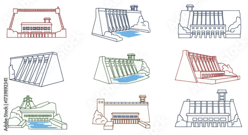 Set of hydroelectric dam and power plant line art illustrations.