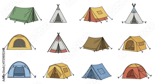 Colorful collection of various camping and hiking tents.