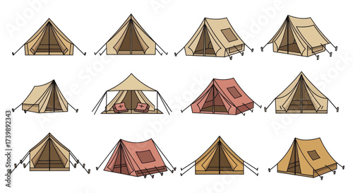 A diverse collection of illustrated camping tents for outdoor adventures.