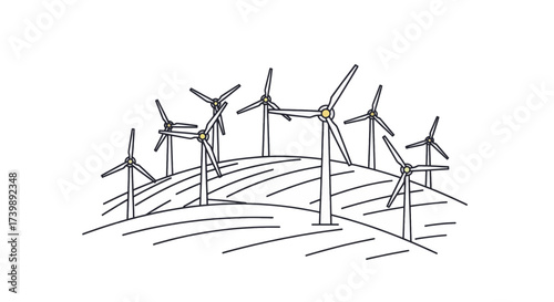 Line art illustration of a wind farm on rolling hills representing renewable energy.