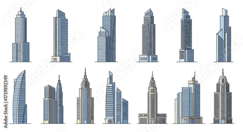 Set of modern skyscraper illustrations in a clean line art style.
