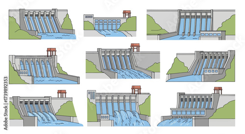 Hydroelectric power station dam vector illustration set.