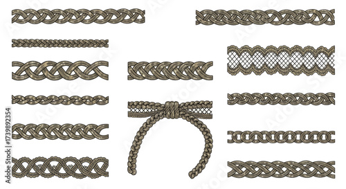 Set of decorative braided rope and lace borders and trims illustration.