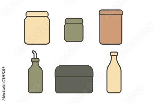 Set of kitchen storage containers, jars, and bottles for pantry organization