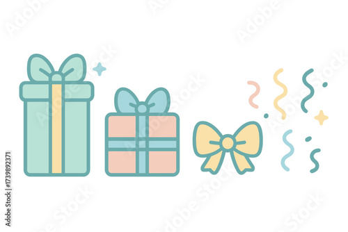Pastel colored gift boxes, decorative bows, and sparkling confetti elements