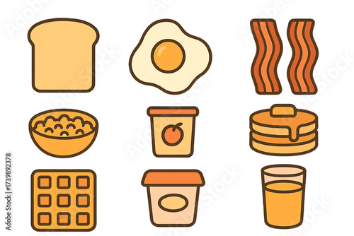 Popular breakfast food items including toast, fried egg, bacon, pancakes, waffle, and orange juice