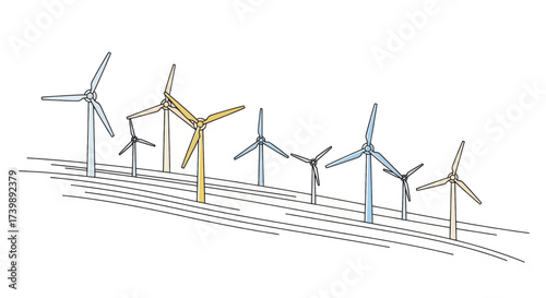 Minimalist line art illustration of a wind farm generating clean energy.