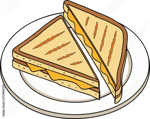 A colorful illustration depicts a plate with a cut grilled cheese sandwich