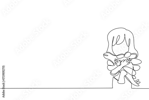Single one line drawing a girl hugs a stegosaurus dinosaur doll and puts it on her chest. Playing with prehistoric animal toys. Exciting. Dinosaur Day. Continuous line design graphic illustration