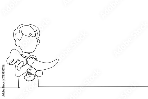 Single continuous line drawing a boy hugs a t-rex dinosaur doll and puts it on his chest. Plays with favorite doll. Playing learning about animals. Dinosaur Day. One line design vector illustration