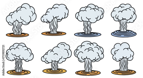 Set of cartoon explosion clouds and smoke effects Vector illustration of comic style mushroom clouds isolated on white background.