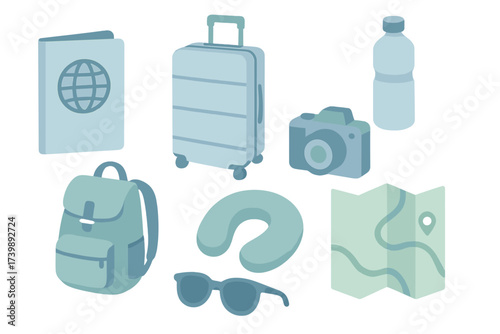Essential travel accessories and vacation equipment set in blue and green colors