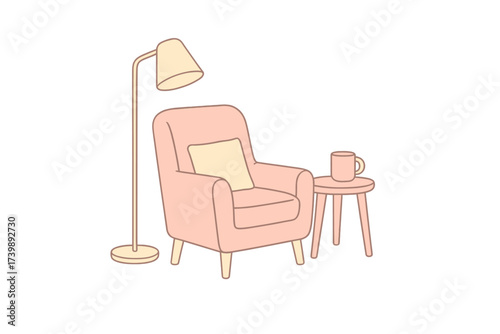 Minimalist interior scene with comfortable pink armchair, side table, and standing floor lamp