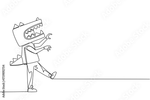 Continuous one line drawing a boy wearing a dinosaur costume made of cardboard. The fun of making dinosaur toys. A fun day throughout school. Dinosaur Day. Single line draw design vector illustration