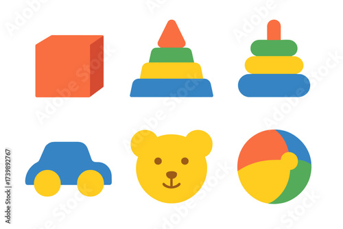 Colorful collection of six classic children's toys: block, stacking rings, car, teddy bear, and beach ball
