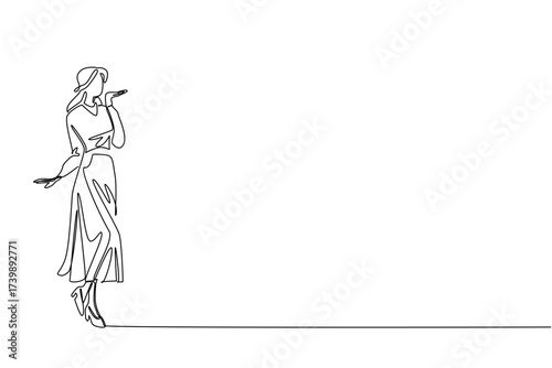 Continuous one line drawing a young woman dressed in a long dress is gesturing to give an air kiss. Beautiful. So charming and seductive. Wear a Dress Day. Single line draw design vector illustration
