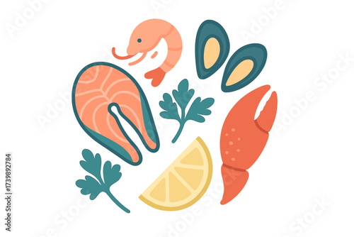 Fresh seafood ingredients assortment: salmon steak, shrimp, mussels, and crab claw with lemon and parsley