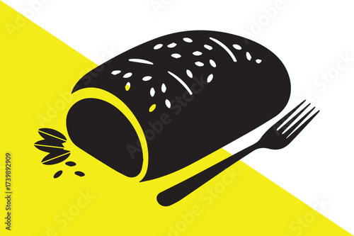 A simple black and white illustration of a loaf of bread with a fork
