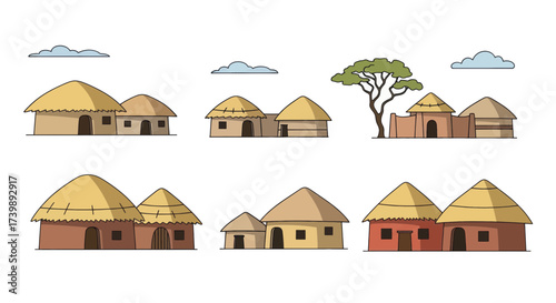 Set of Cartoon African Village Houses with Thatched Roofs.