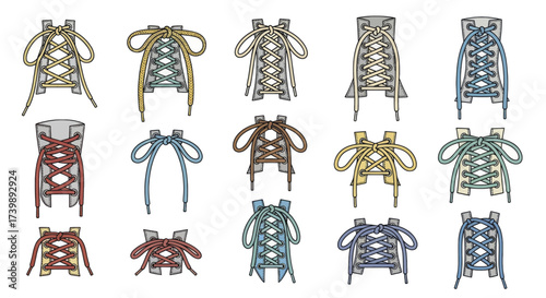 Colorful shoelace tying techniques and styles illustration set.