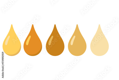 Row of five glossy liquid drops showing a color gradient from light yellow to deep golden brown