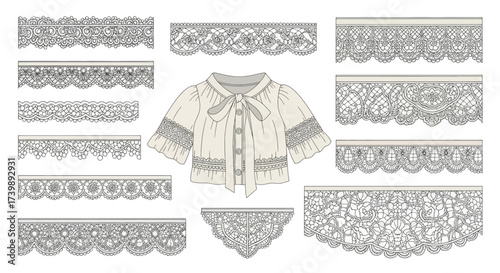 Set of Lace Trims and Blouse Fashion Illustration.