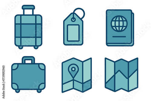Essential travel and vacation symbols including luggage, passport, map, and baggage tag