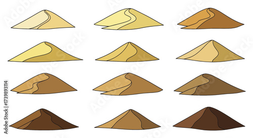 Collection of isolated cartoon sand dunes in various shades of brown and yellow.