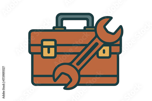 Classic brown toolbox with a large adjustable wrench resting on the front surface