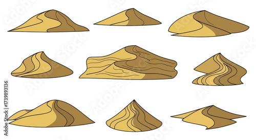 A collection of nine isolated cartoon sand dunes.